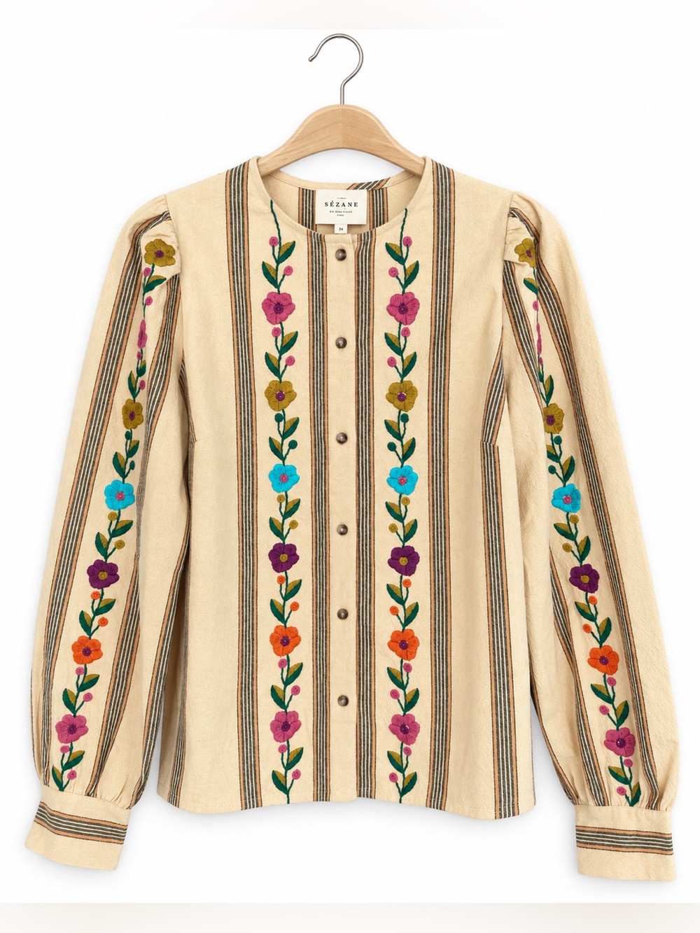 Sézane Aina Embroidered Floral Stripe Cotton Blouse Size 34 US 2 XS